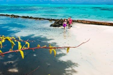 Face  une plage de sable blanc, borde d'un lagon turquoise