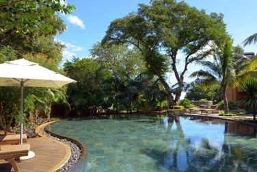 La piscine de l'htel entoure par une belle vgtation tropicale