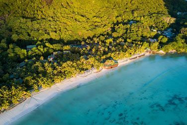 Vgtation luxuriante bordant la plage au eaux turquoise de Praslin