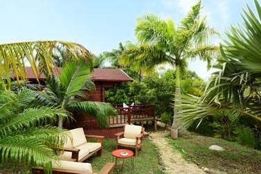 Vue extrieure d'un chalet, enfoui dans la vgtation tropicale !