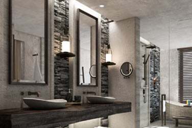 La salle de bain de la chambre au dcor somptueux... On retrouve les lments de pierre et bois...