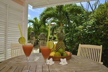 La terrasse de la villa crole entoure d'une magnifique vgtation luxuriante