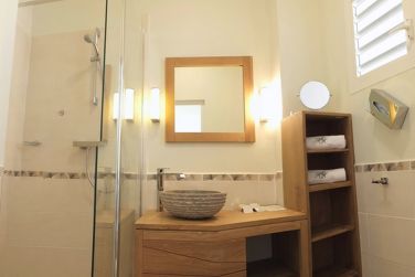 La salle de bain rustique de la suite Alpinia est toute vtue de dcors boiss