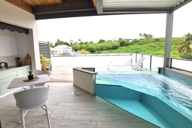 La terrasse est galement spcieuse et dpaysante offrant une vue sur la vgtation luxirante guadeloupenne