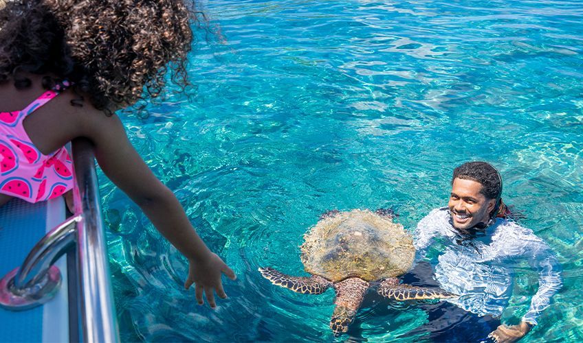 jeune fille qui regarde une tortue aux Seychelles
