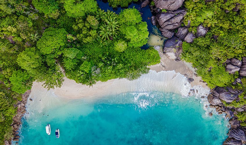 vue arienne d'une plage aux Seychelles